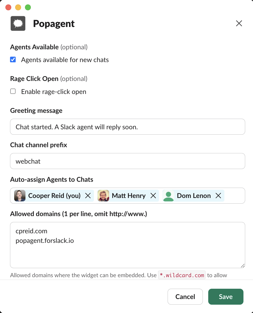 PopAgent admin controls in Slack